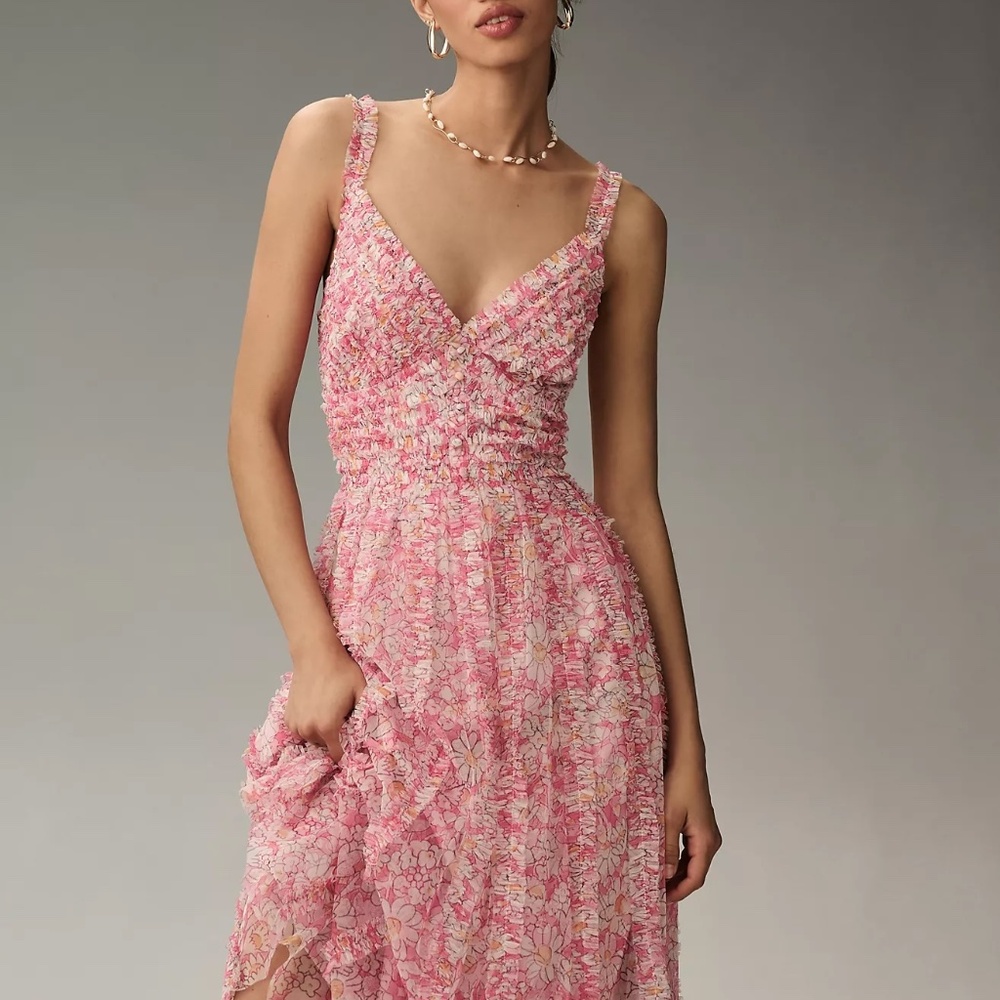 Mac Duggal Sleeveless V-Neck Mesh Midi Dress - Pink 10